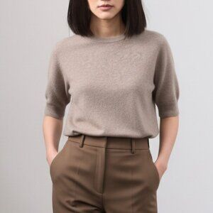 Marks & Spencer Autograph Merino Wool Cashmere Sweater Short Sleeve Taupe Brown